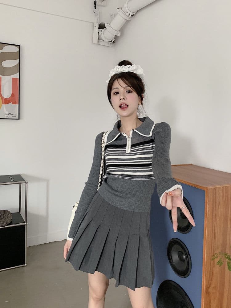 배색 스트라이프 POLO 칼라 긴팔 니트 스웨터 스웨터 여자 가을 작은 대중 쇼트 스타일 chic 몸매 가꾸기 맨위 상세 이미지 28