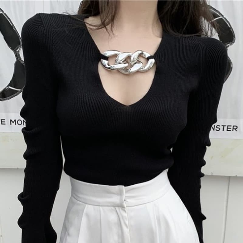 2026 이른 가을 새로운 섹시함 인사이드 가져 가라. 검정색 홀로우 아웃 만나는 니트 스웨터 체인 긴팔 여성 셔츠 이미지 5