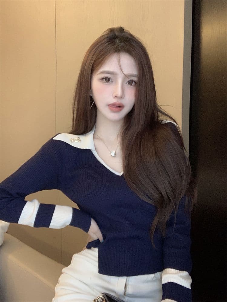 가을 겨울 Chic 니트 기본 셔츠 여성 인사이드 가져 가라. 순수한 욕망 바람 섹시함 V넥 스웨터 디자인 센스 고유 한 맨위