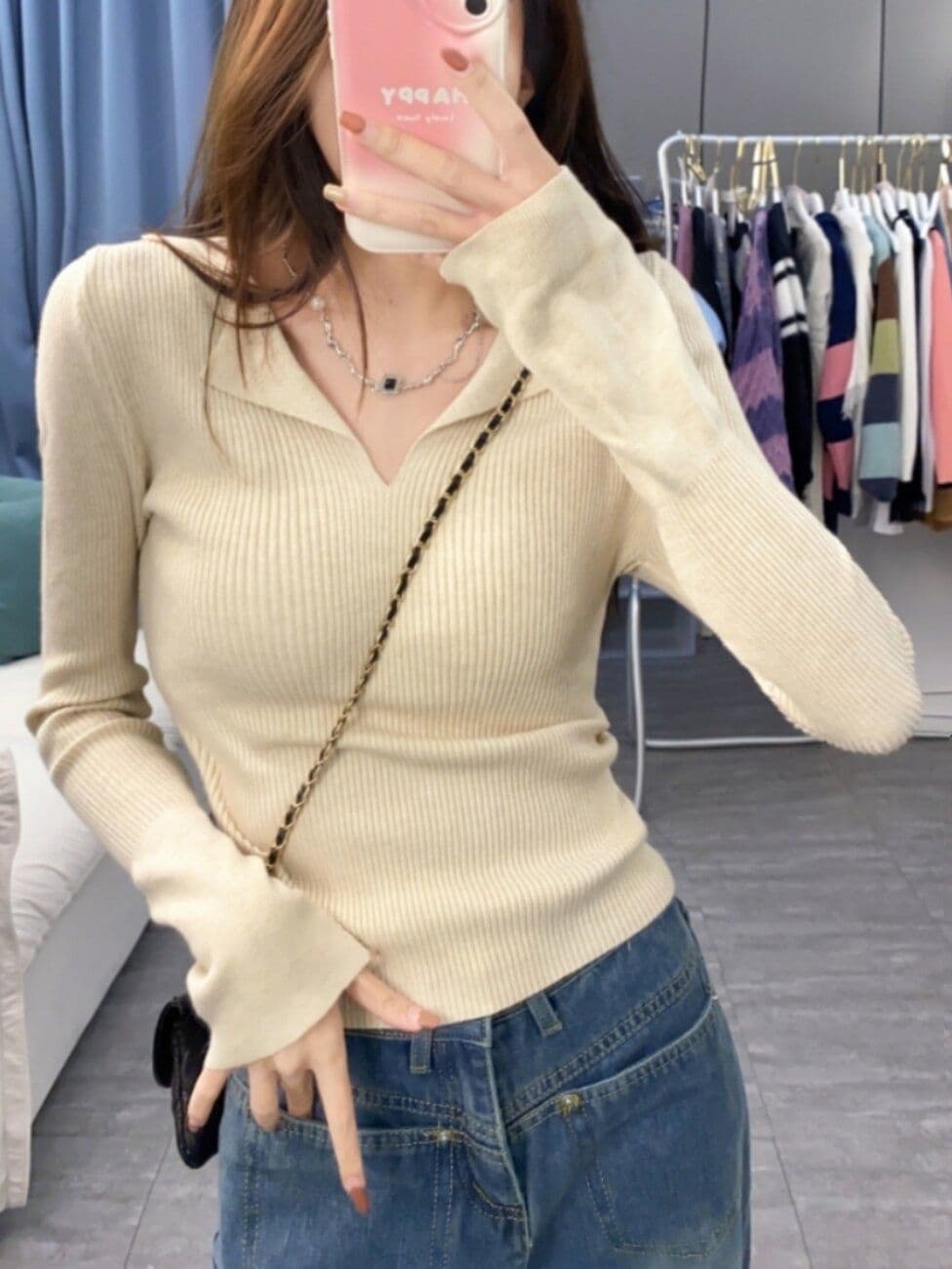 프랑스식 POLO 칼라 긴팔 니트 스웨터 여성 가을 의상 디자인 센스 순수한 욕망 스웨터 기본 셔츠 유럽 상품 맨위 ins 트렌디 이미지 3
