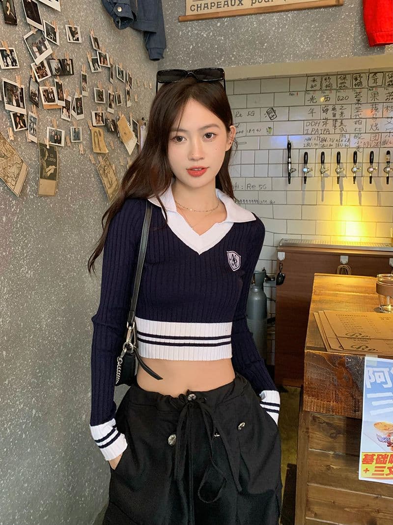핫걸 배색 긴팔 니트 스웨터 여성 가을 2026 새로운 몸매 가꾸기 슬림해 보이는 POLO 칼라 쇼트 스타일 기본 셔츠 상세 이미지 1
