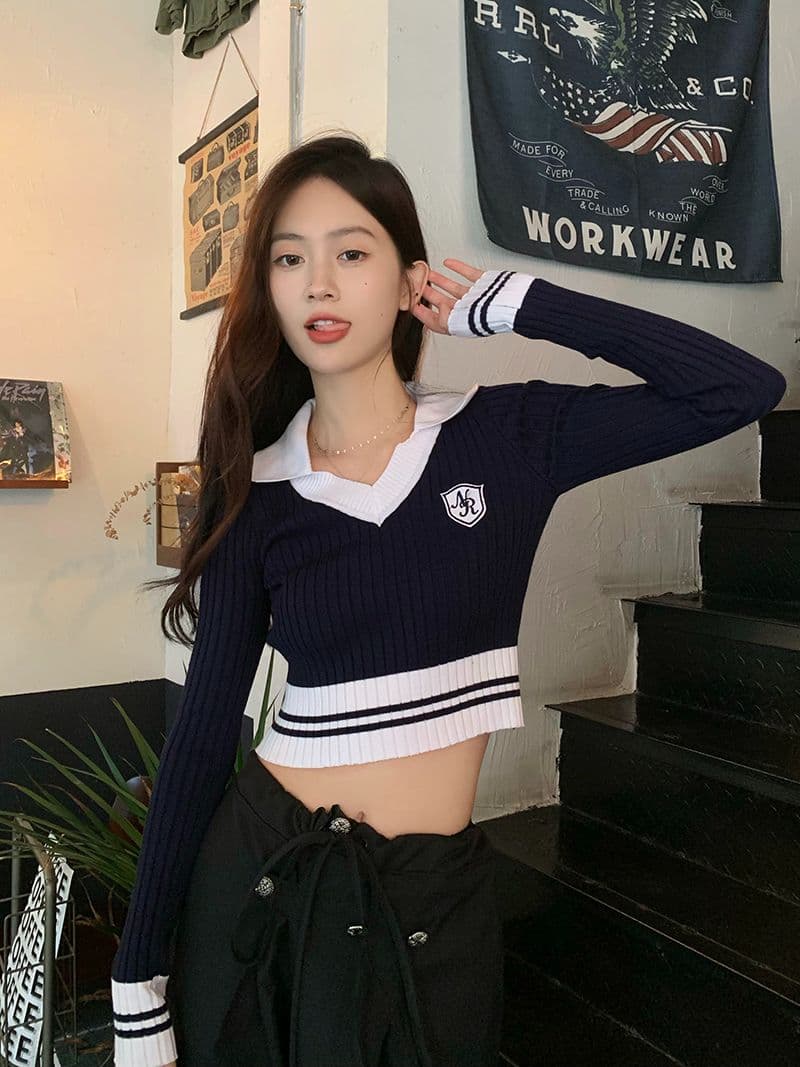 핫걸 배색 긴팔 니트 스웨터 여성 가을 2026 새로운 몸매 가꾸기 슬림해 보이는 POLO 칼라 쇼트 스타일 기본 셔츠 상세 이미지 14
