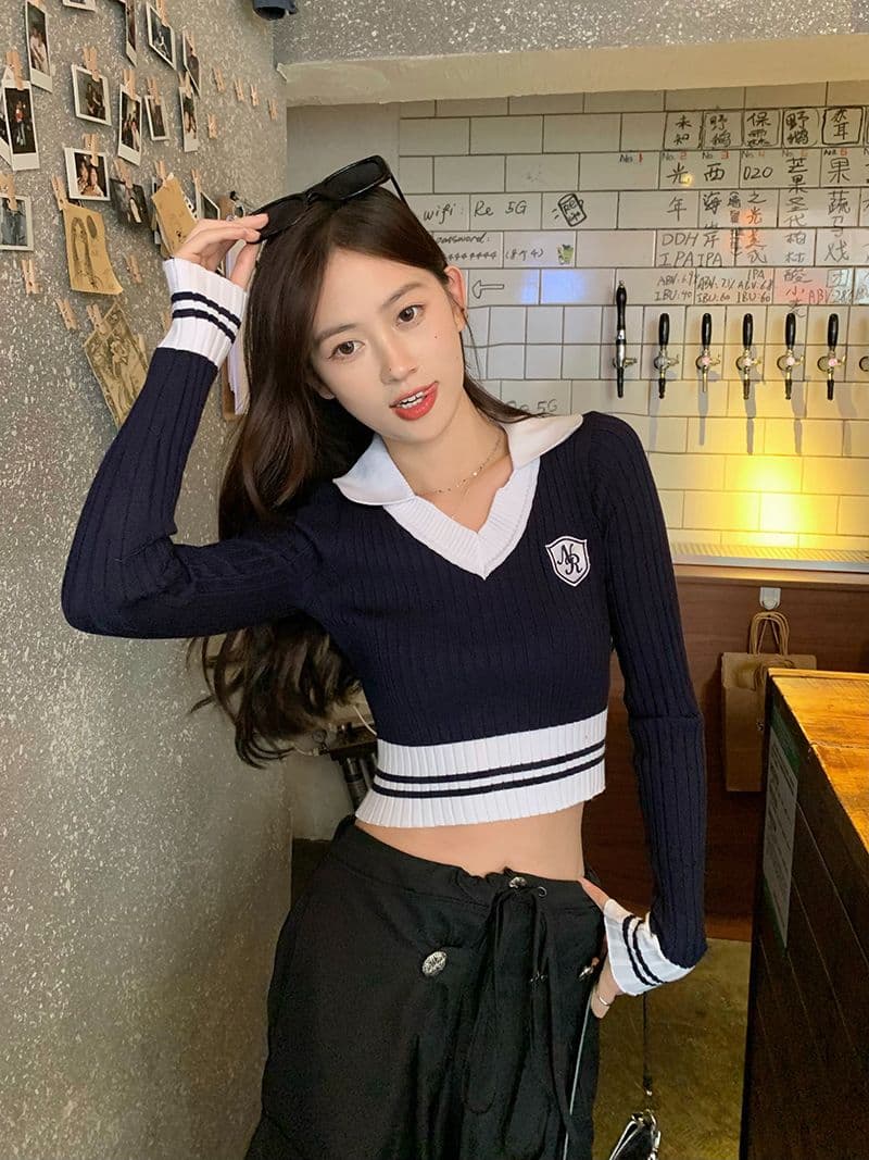 핫걸 배색 긴팔 니트 스웨터 여성 가을 2026 새로운 몸매 가꾸기 슬림해 보이는 POLO 칼라 쇼트 스타일 기본 셔츠 상세 이미지 15