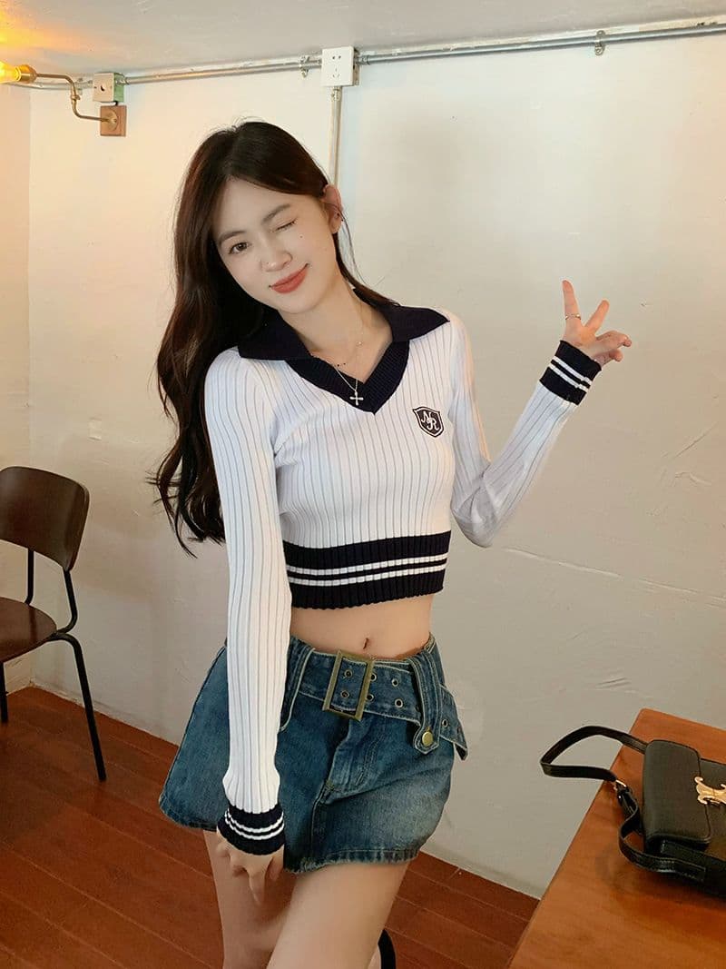 핫걸 배색 긴팔 니트 스웨터 여성 가을 2026 새로운 몸매 가꾸기 슬림해 보이는 POLO 칼라 쇼트 스타일 기본 셔츠 상세 이미지 29