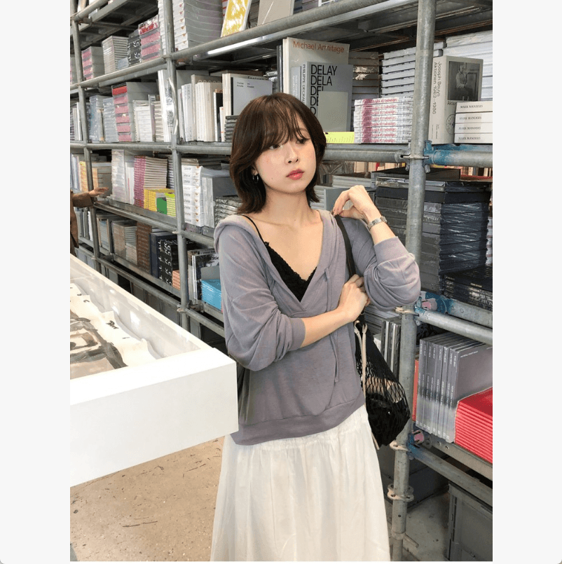 한 부서 빛 아시아 인 모래 언덕 레트로 V넥 캐주얼 느슨함 느긋한 후드 긴팔 티셔츠 맨위 여성 상세 이미지 5