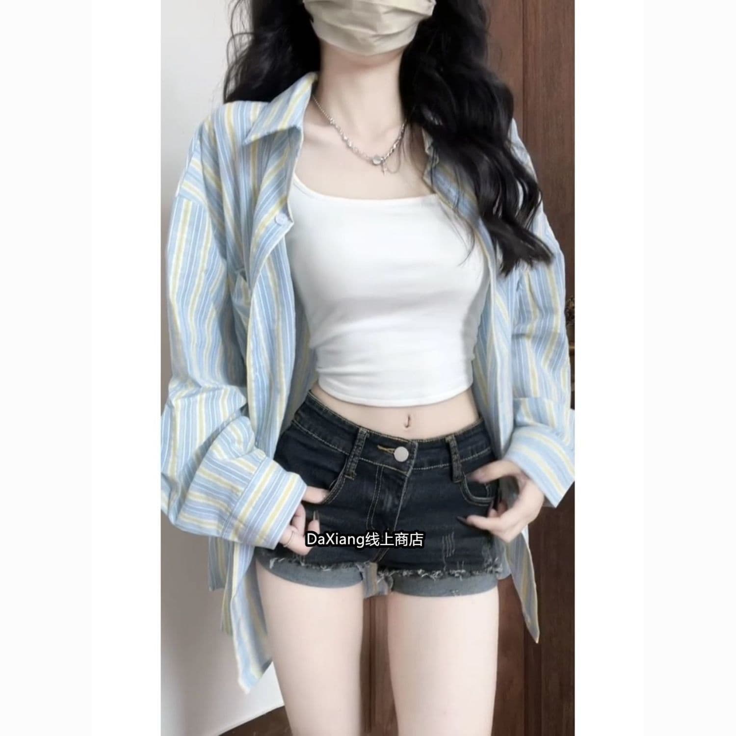 한 부서 품격 블루 화이트 스트라이프 셔츠 여자 외출용 조기 가을 새로운 루즈핏 다용도 자외선 차단 셔츠 여성 코트 이미지 4