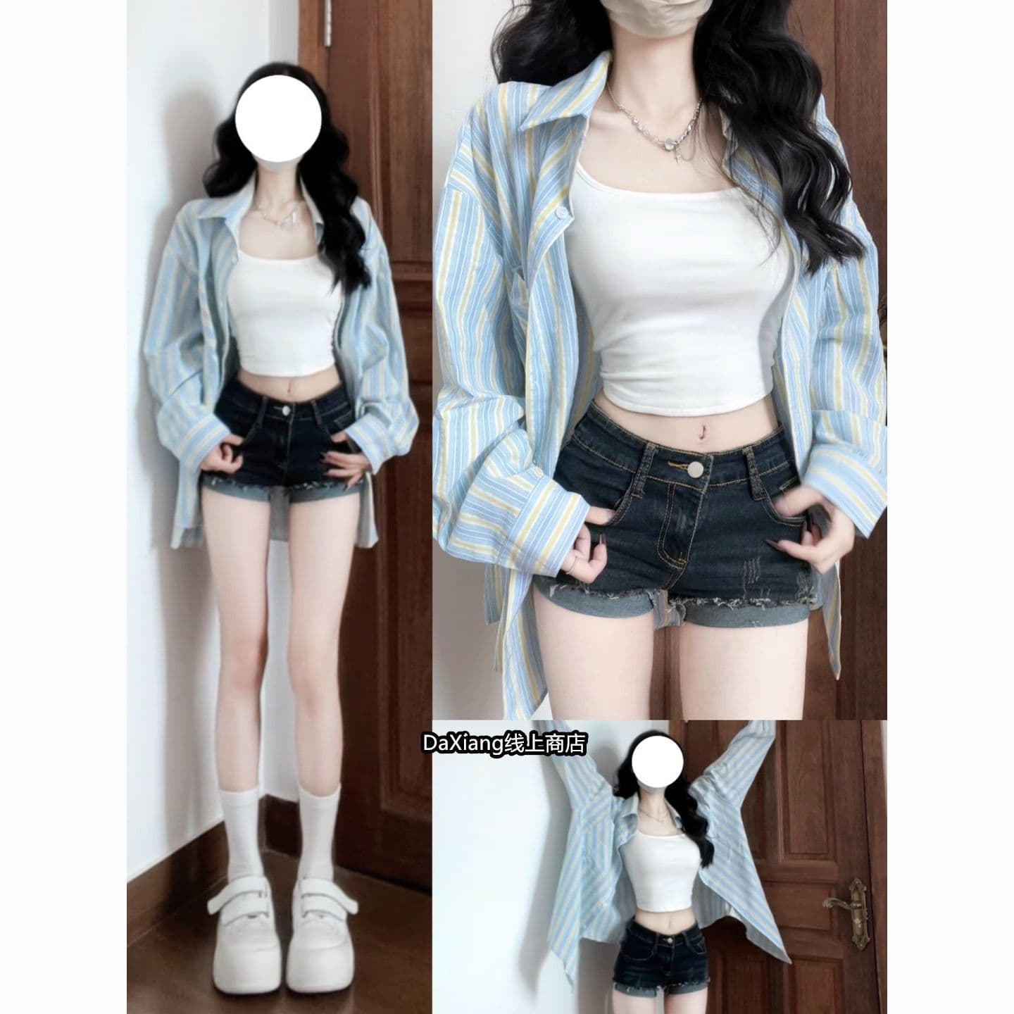 한 부서 품격 블루 화이트 스트라이프 셔츠 여자 외출용 조기 가을 새로운 루즈핏 다용도 자외선 차단 셔츠 여성 코트 이미지 2