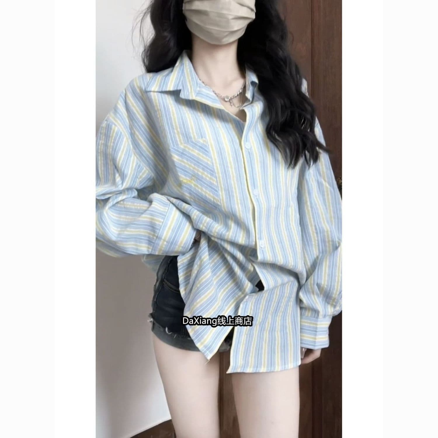 한 부서 품격 블루 화이트 스트라이프 셔츠 여자 외출용 조기 가을 새로운 루즈핏 다용도 자외선 차단 셔츠 여성 코트 이미지 3