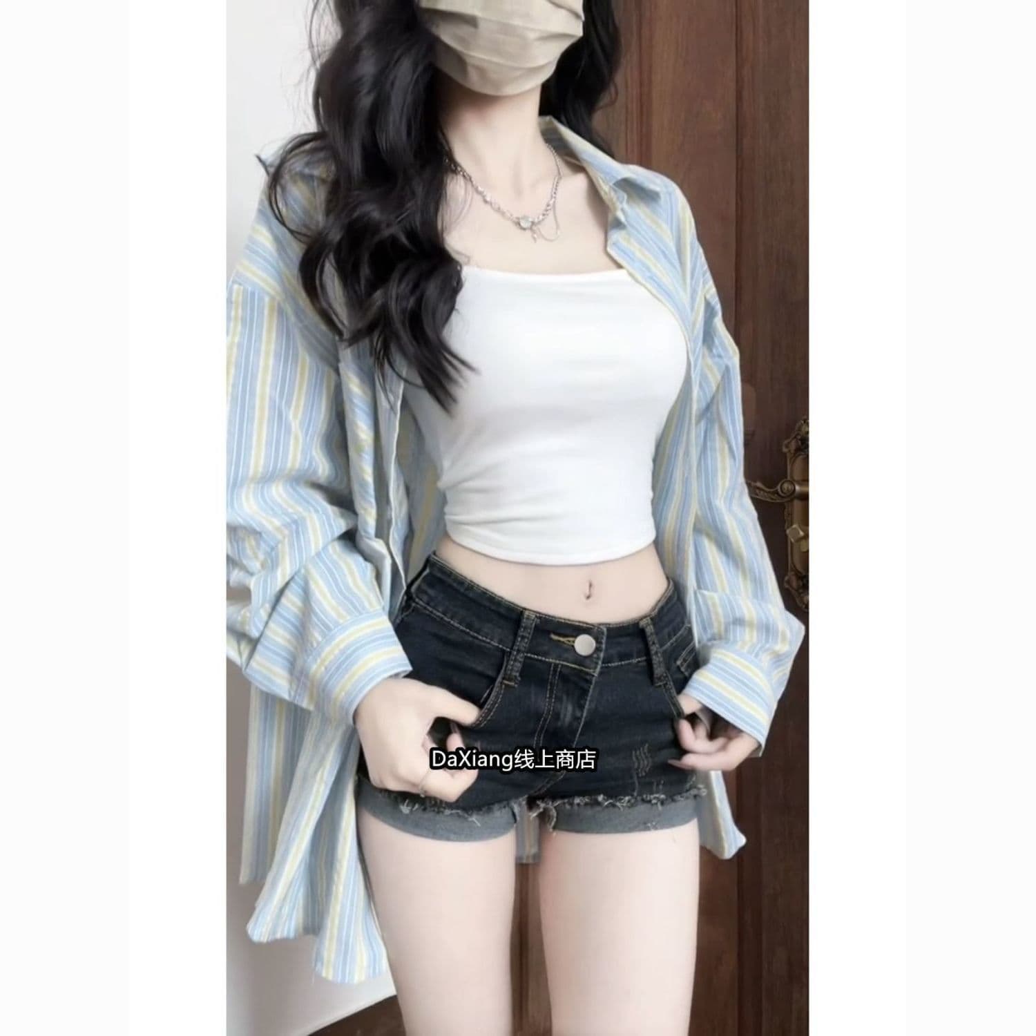 한 부서 품격 블루 화이트 스트라이프 셔츠 여자 외출용 조기 가을 새로운 루즈핏 다용도 자외선 차단 셔츠 여성 코트