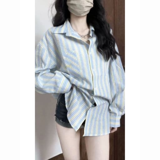 한 부서 품격 블루 화이트 스트라이프 셔츠 여자 외출용 조기 가을 새로운 루즈핏 다용도 자외선 차단 셔츠 여성 코트 상세 이미지 4