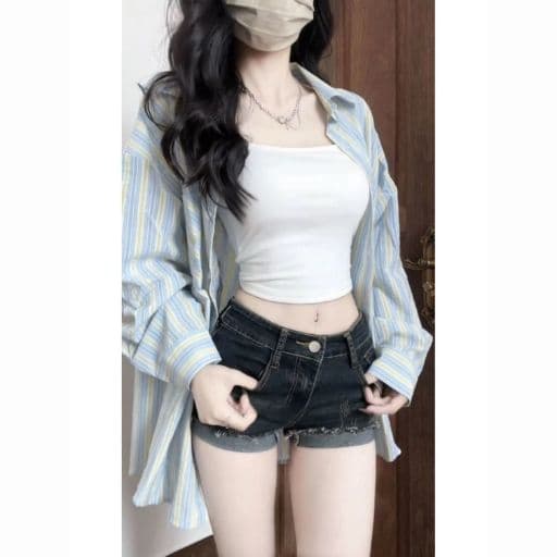 한 부서 품격 블루 화이트 스트라이프 셔츠 여자 외출용 조기 가을 새로운 루즈핏 다용도 자외선 차단 셔츠 여성 코트 상세 이미지 5