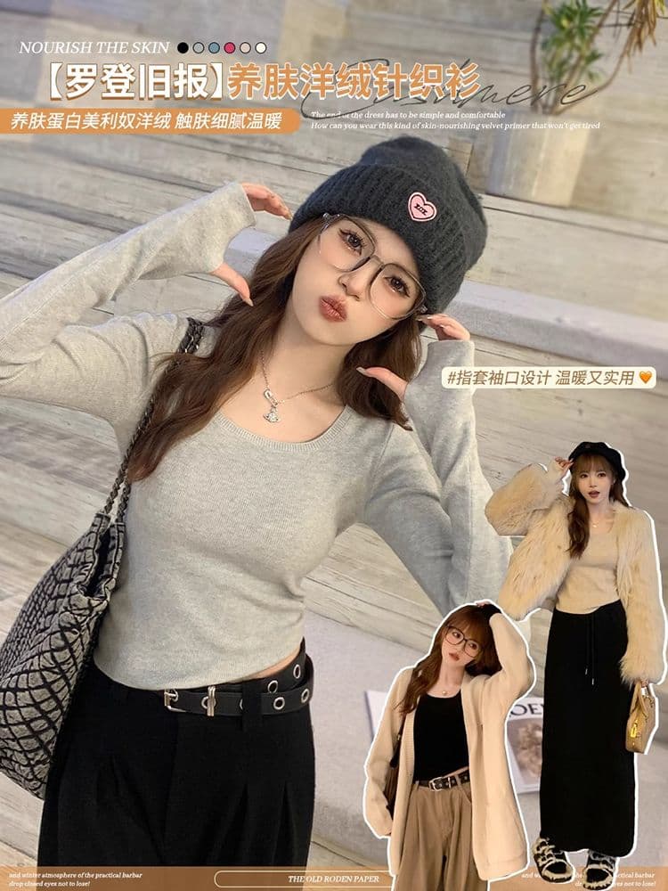 가을 새로운 긴팔 니트 스웨터 여성 몸매 가꾸기 인사이드 가져 가라. 광장 칼라 기본 셔츠 가을 겨울 고급 센스 맨위 이미지 2