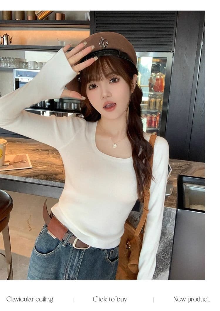 가을 새로운 긴팔 니트 스웨터 여성 몸매 가꾸기 인사이드 가져 가라. 광장 칼라 기본 셔츠 가을 겨울 고급 센스 맨위 상세 이미지 14