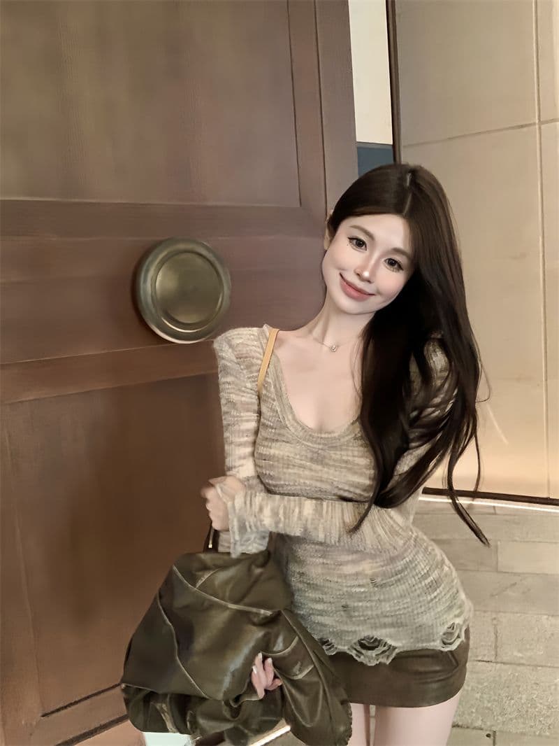 순수한 욕망 핫걸 홀치기 염색 긴팔 니트 스웨터 여성 가을 허리 수축 타이트 찢어진 부분 기본 셔츠 스웨터 맨위 이미지 3