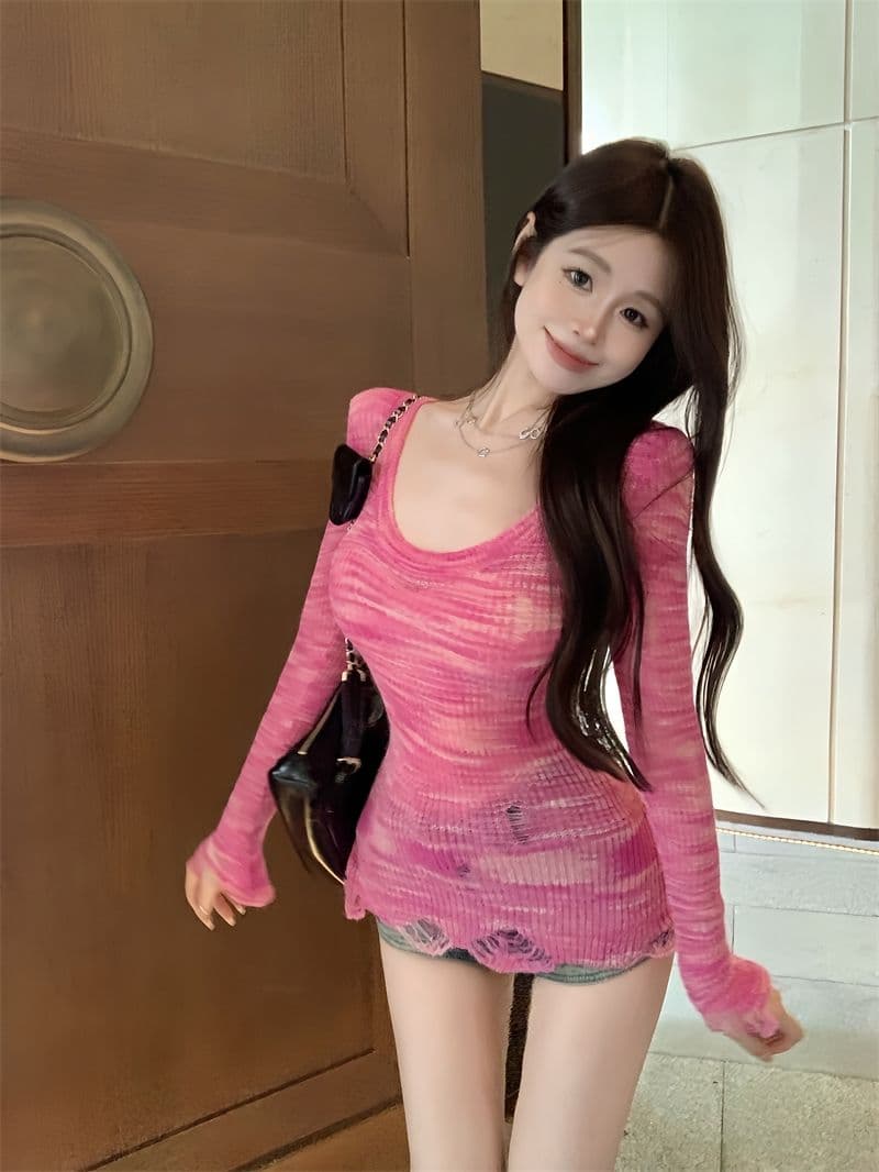 순수한 욕망 핫걸 홀치기 염색 긴팔 니트 스웨터 여성 가을 허리 수축 타이트 찢어진 부분 기본 셔츠 스웨터 맨위 상세 이미지 7