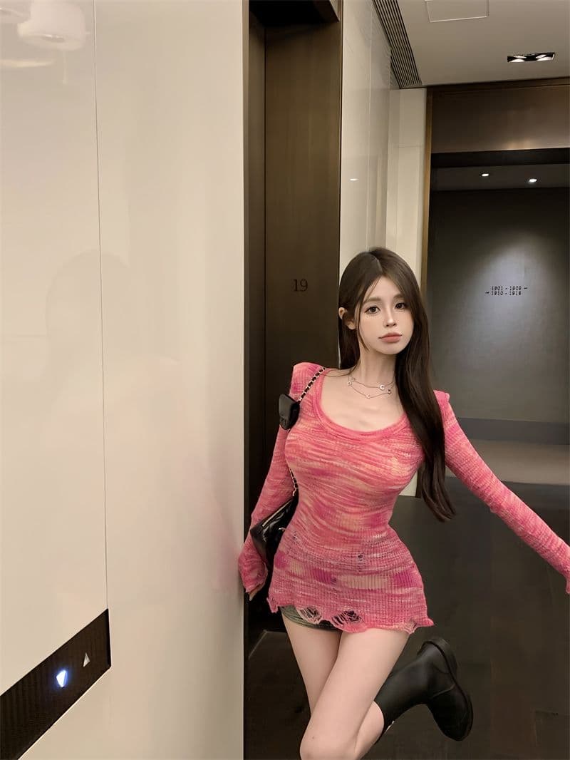 순수한 욕망 핫걸 홀치기 염색 긴팔 니트 스웨터 여성 가을 허리 수축 타이트 찢어진 부분 기본 셔츠 스웨터 맨위 상세 이미지 9