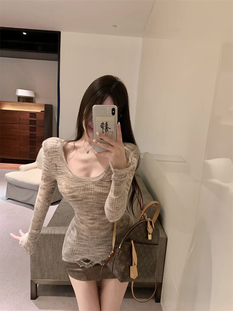 순수한 욕망 핫걸 홀치기 염색 긴팔 니트 스웨터 여성 가을 허리 수축 타이트 찢어진 부분 기본 셔츠 스웨터 맨위 상세 이미지 15