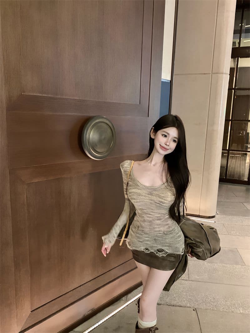 순수한 욕망 핫걸 홀치기 염색 긴팔 니트 스웨터 여성 가을 허리 수축 타이트 찢어진 부분 기본 셔츠 스웨터 맨위 상세 이미지 16