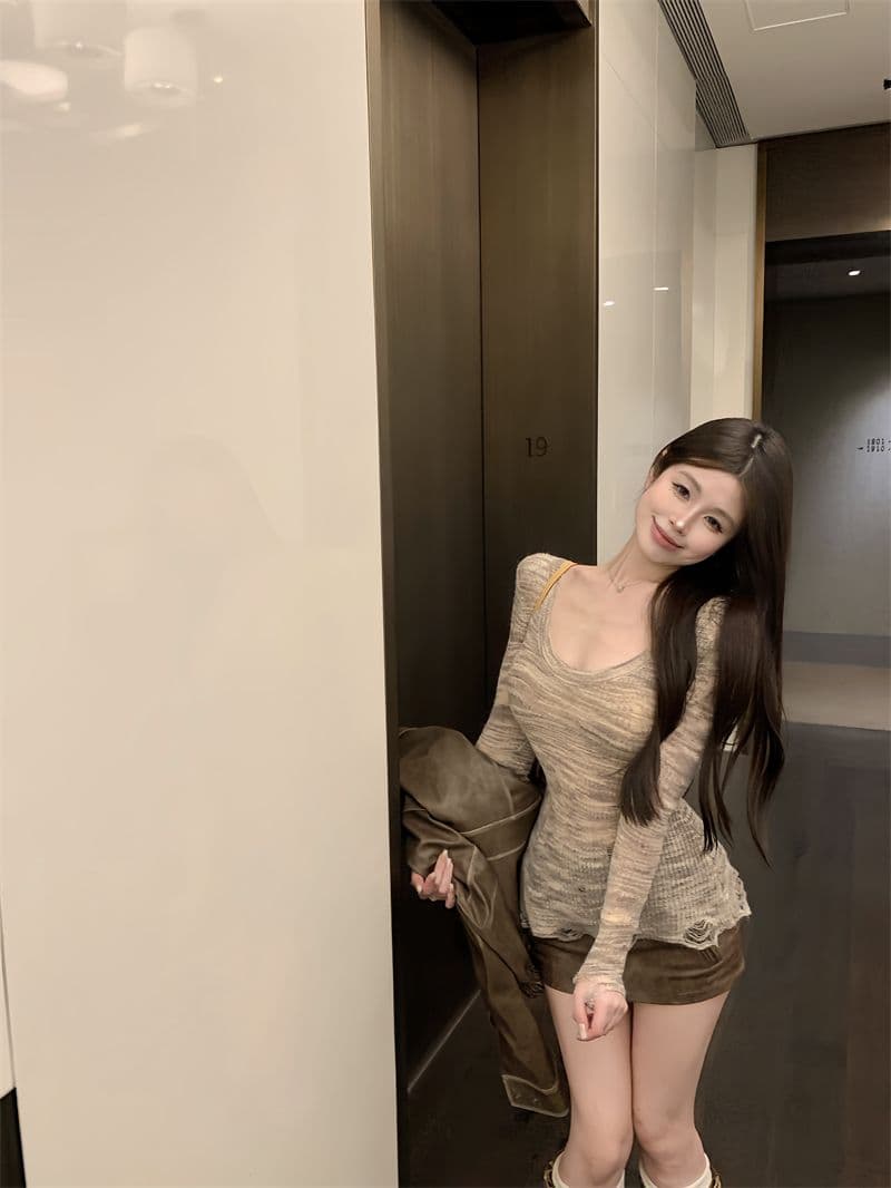순수한 욕망 핫걸 홀치기 염색 긴팔 니트 스웨터 여성 가을 허리 수축 타이트 찢어진 부분 기본 셔츠 스웨터 맨위 상세 이미지 18