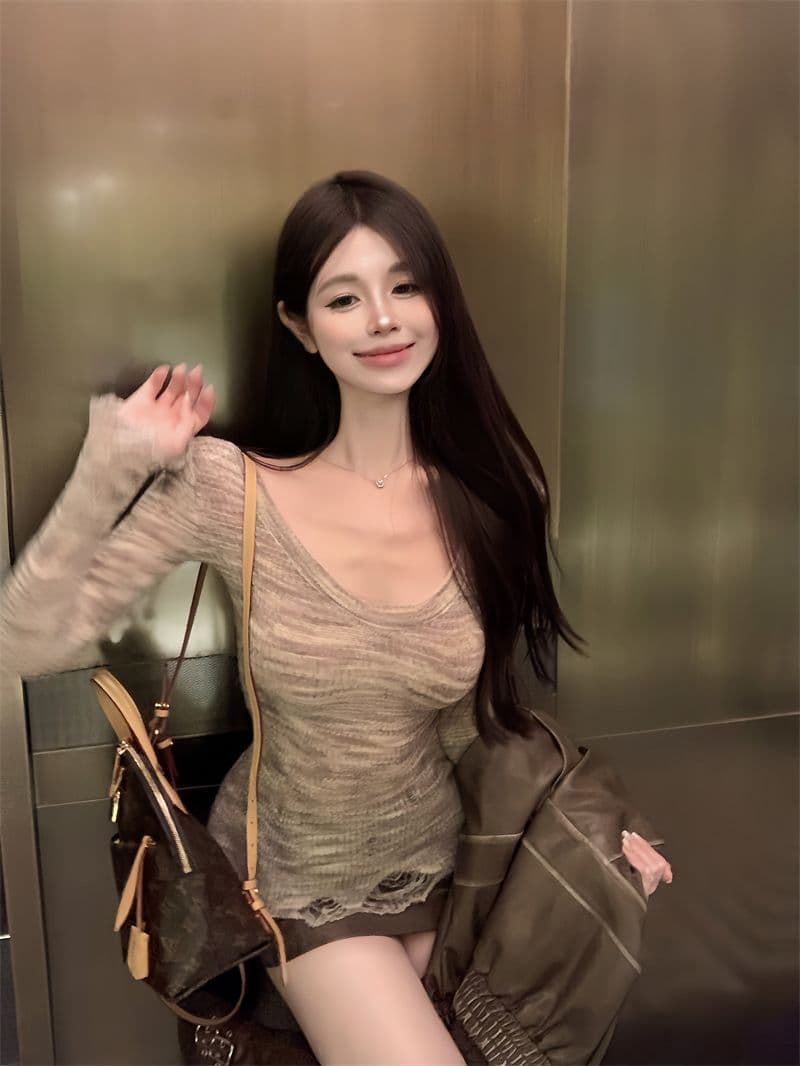 순수한 욕망 핫걸 홀치기 염색 긴팔 니트 스웨터 여성 가을 허리 수축 타이트 찢어진 부분 기본 셔츠 스웨터 맨위 상세 이미지 20