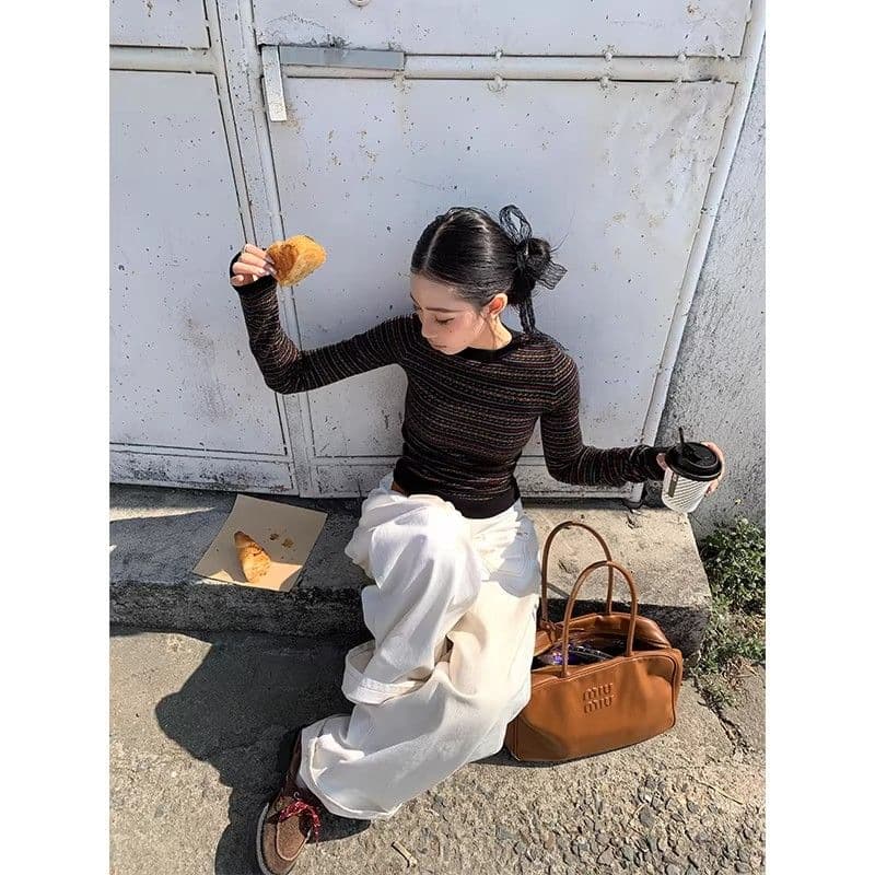아메리칸 레트로 자카드 스트라이프 긴팔 니트 스웨터 여성 봄 가을 겨울 핫걸 기본 셔츠 맨위 상세 이미지 3