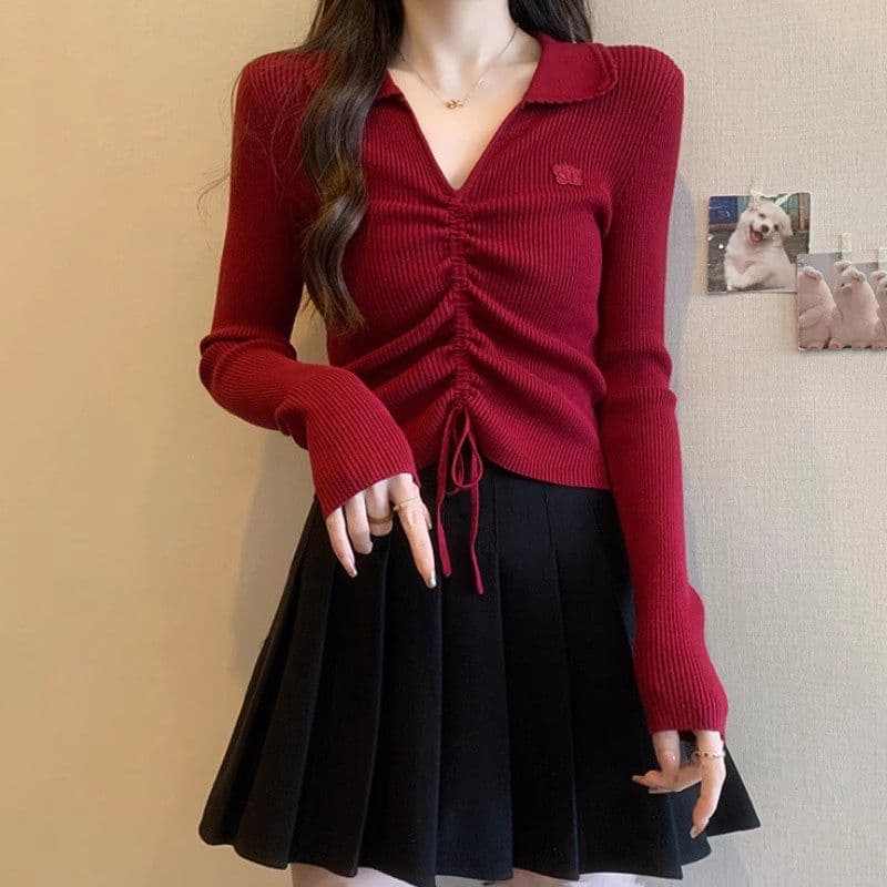 앤 코라 빨간색 V넥 니트 스웨터 여성 새로운 몸매 가꾸기 폴로 칼라 펌프 로프 만나는 맨위 이미지 2