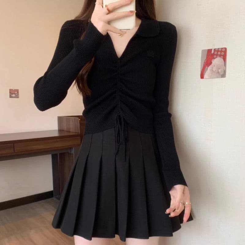 앤 코라 빨간색 V넥 니트 스웨터 여성 새로운 몸매 가꾸기 폴로 칼라 펌프 로프 만나는 맨위 이미지 3