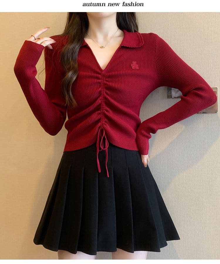 앤 코라 빨간색 V넥 니트 스웨터 여성 새로운 몸매 가꾸기 폴로 칼라 펌프 로프 만나는 맨위 상세 이미지 2