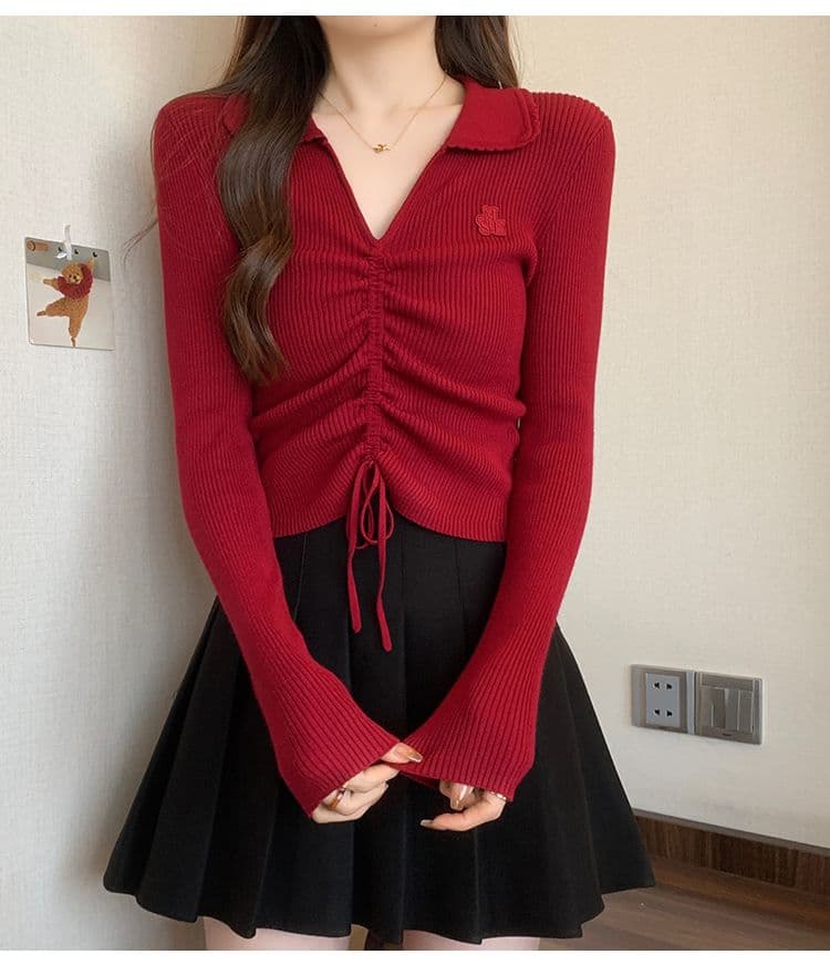 앤 코라 빨간색 V넥 니트 스웨터 여성 새로운 몸매 가꾸기 폴로 칼라 펌프 로프 만나는 맨위 상세 이미지 3