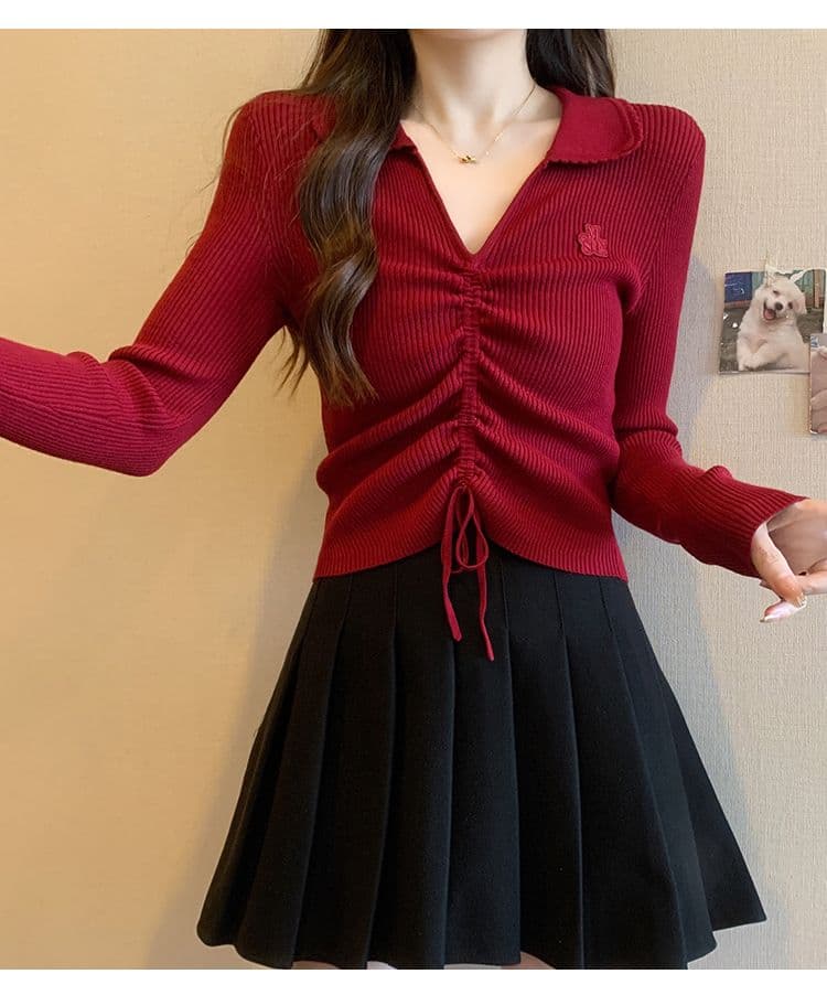앤 코라 빨간색 V넥 니트 스웨터 여성 새로운 몸매 가꾸기 폴로 칼라 펌프 로프 만나는 맨위 상세 이미지 4
