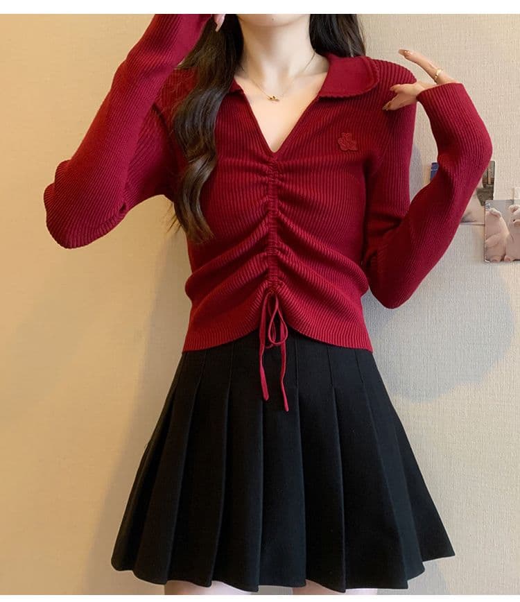 앤 코라 빨간색 V넥 니트 스웨터 여성 새로운 몸매 가꾸기 폴로 칼라 펌프 로프 만나는 맨위 상세 이미지 7
