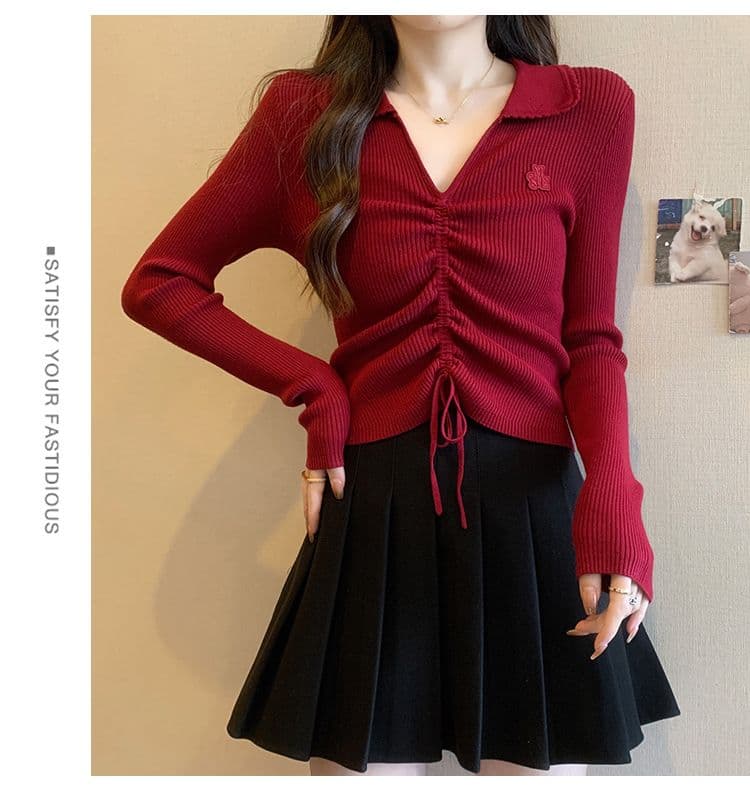 앤 코라 빨간색 V넥 니트 스웨터 여성 새로운 몸매 가꾸기 폴로 칼라 펌프 로프 만나는 맨위 상세 이미지 8