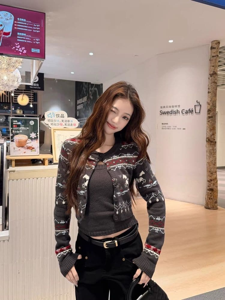 한 부서 배색 자카드 쇼트 스타일 니트 오픈 가디건 여성 가을 겨울 만나는 캐미솔 투피스 세트 상세 이미지 9
