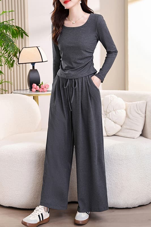 봄 가을 새로운 리우 또한 피보나치 플러시 높음 폭탄 니트 플라스틱 모양 u 칼라 긴팔 티셔츠 허리밴드 와이드 레그 팬츠 캐주얼 세트 이미지 7