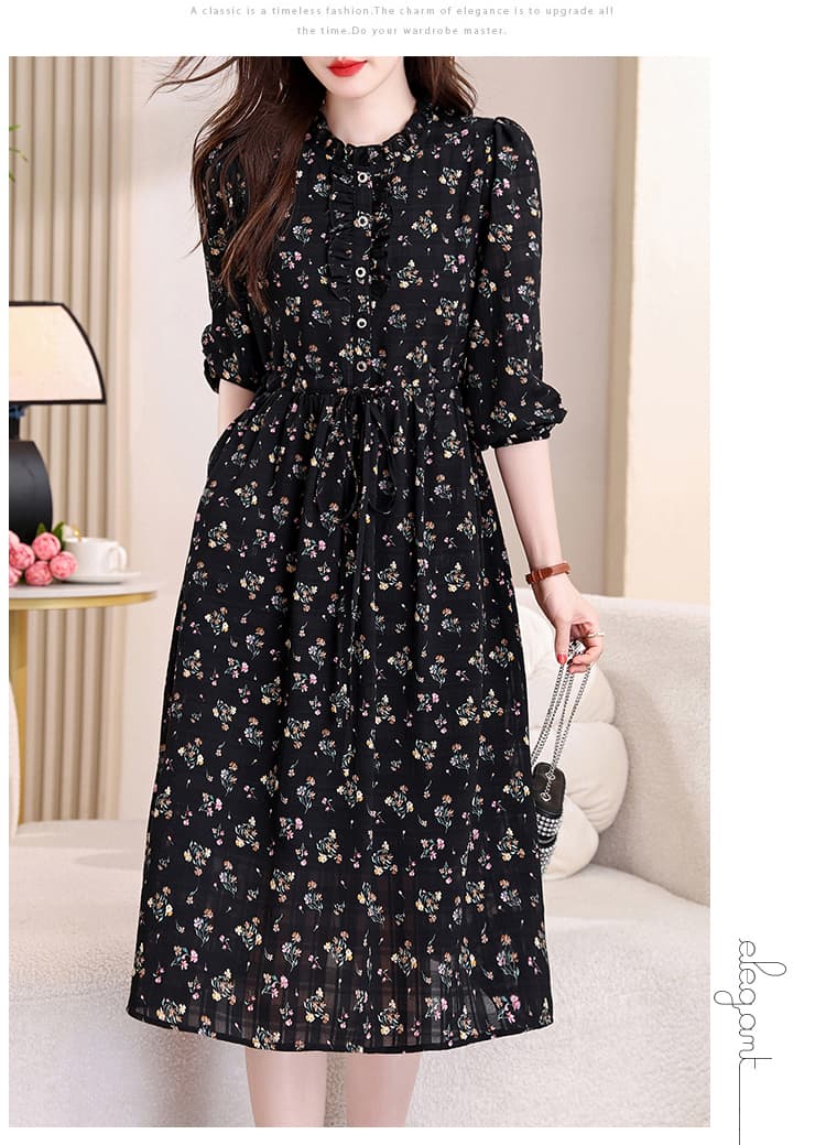 가을철 있음 주머니 있음 안감 펌프 로프 레이스업 프린트 연령 감소 품격 목이버섯 레이스 긴팔 드레스 무릎 아래 상세 이미지 19