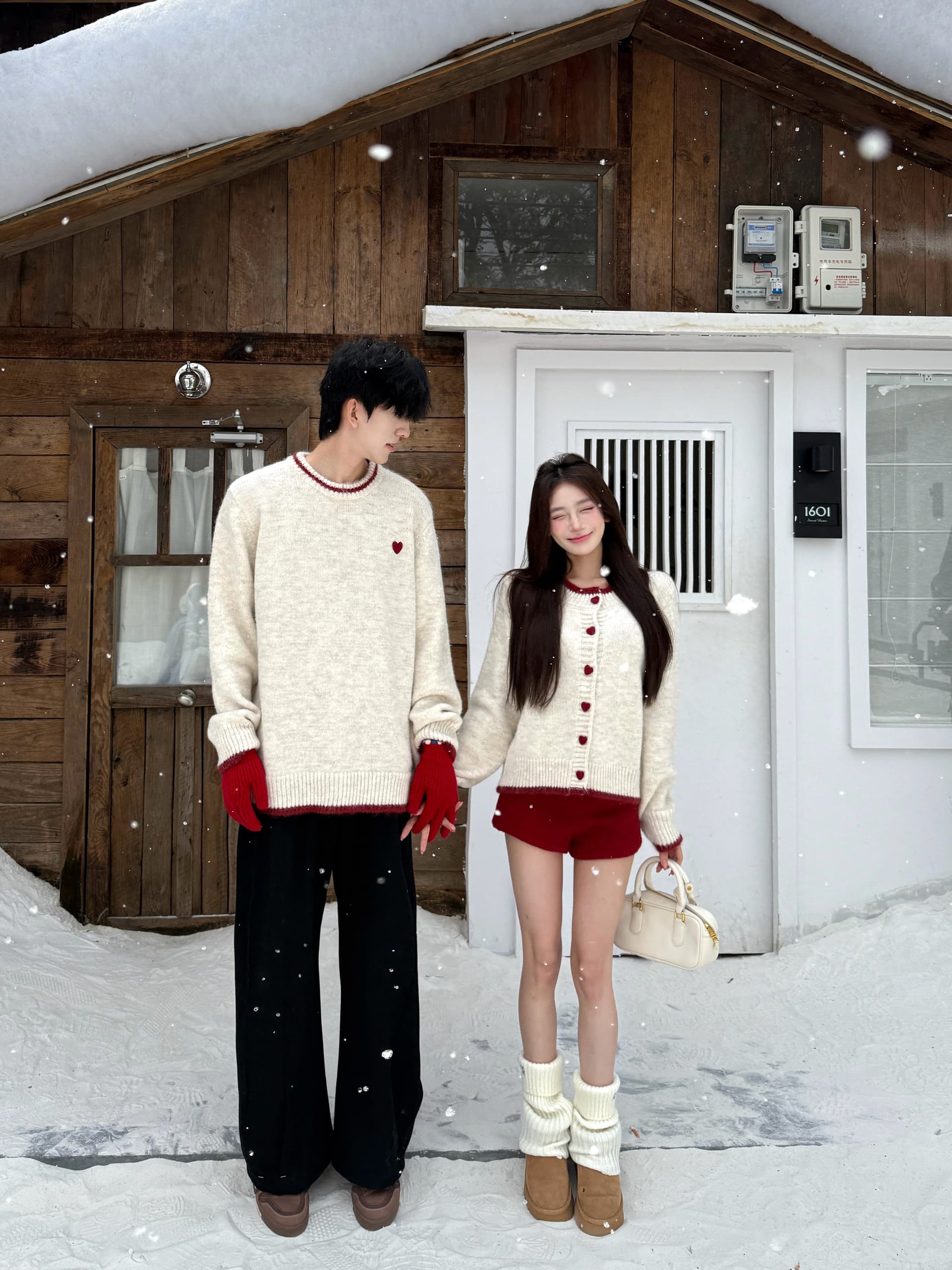 실사 커플룩 가을 겨울 의류 하트 두꺼운 스웨터 오픈 가디건 여성 니트 스웨터 남자 있음 선적 상세 이미지 6