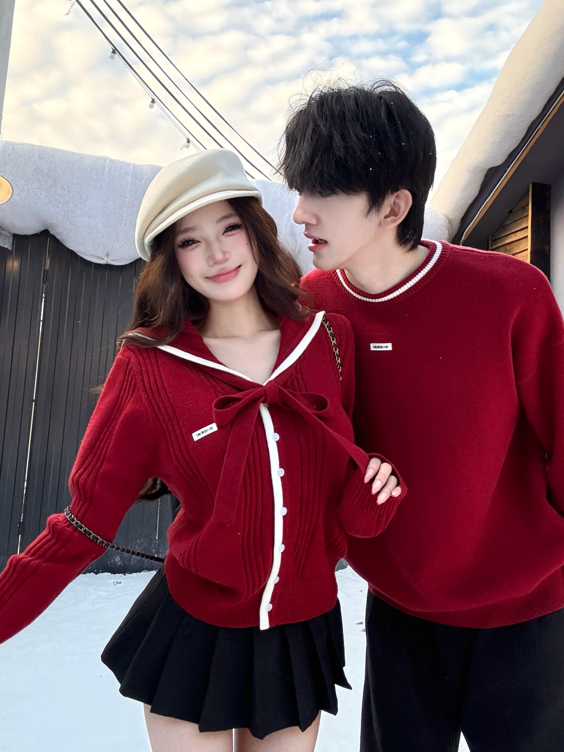 실사 커플룩 가을 겨울 의류 크리스마스 끝났어 신년 새해 새해 빨간색 스웨터 여자 니트 스웨터 남자 있음 선적 이미지 3