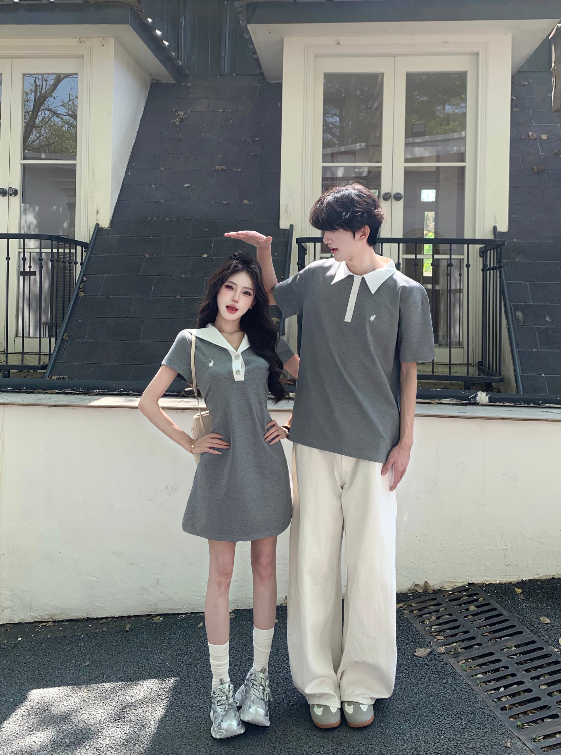 실사 커플룩 여름 드레스 반팔 티셔츠 POLO 칼라 하나 치마 하나 의류 치마 이미지 4