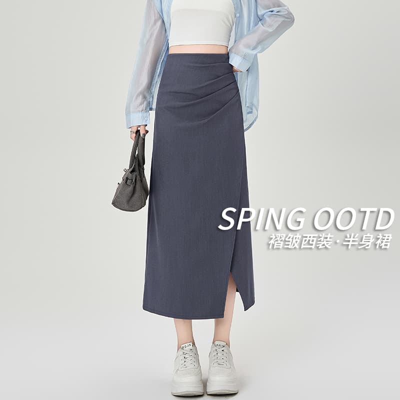 실사 불규칙 정장 원단 반신 스커트 여성 가을 A라인 스커트 주름 타이트 스커트 치마 중간 길이 스트레이트 치마 이미지 3