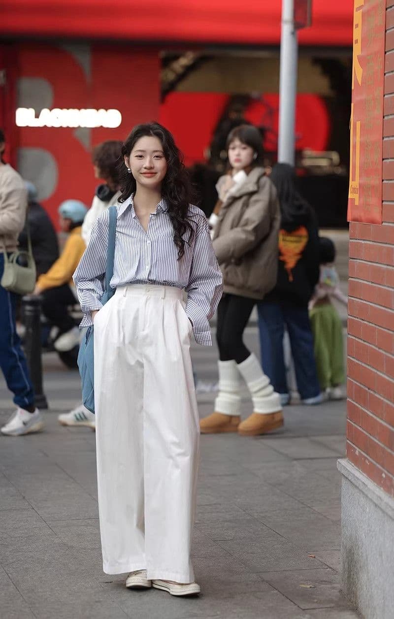 화이트 바지 아이들 봄 2026 새로운 하이웨이스트 슬림해 보이는 캐주얼 바지 스트레이트 와이드 레그 팬츠 도루 가을 센스 긴 바지 상세 이미지 9