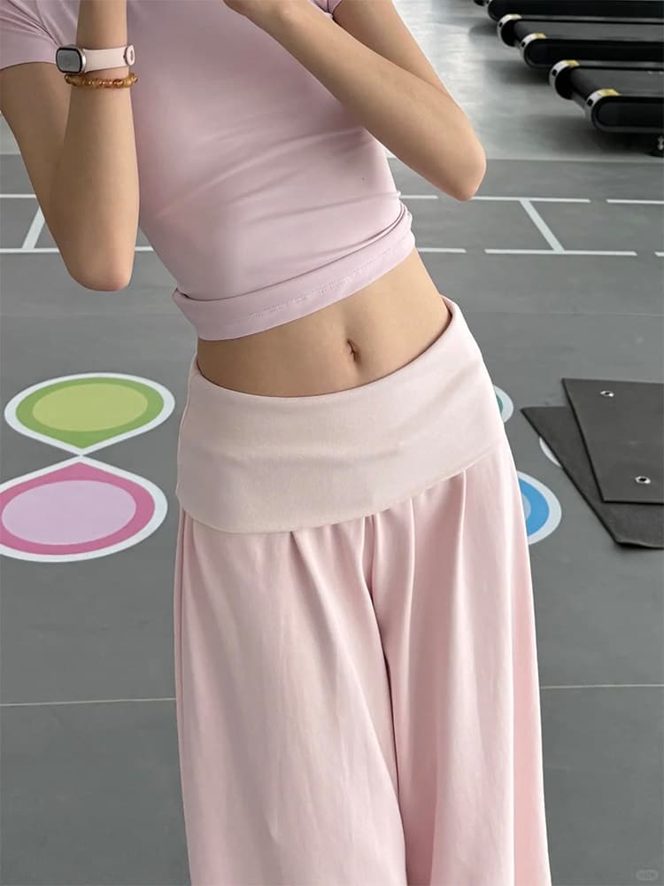아메리칸 핑크색 뒤집다 허리 와이드 레깅스 바지 봄 가을 여름 느긋한 바람 도루 센스 슬림해 보이는 요가 피트니스 찹쌀 운동 바지