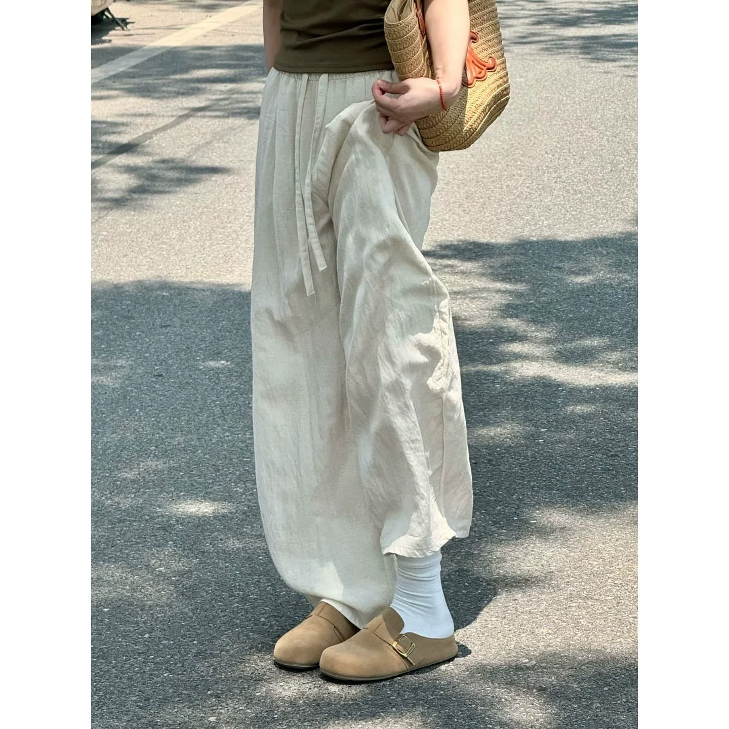 아마 도루 센스 와이드 레깅스 바지 여름 얇은 스타일 블루 색상 얼음 실크 바지 빅 사이즈 통통한 여동생 슬림해 보이는 면 린넨 모통이 칼 바지 이미지 5