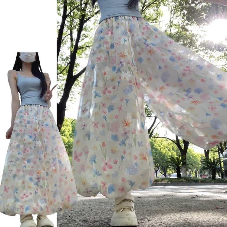 센 부서 달콤한 스타일 색상 꽃무늬 치마바지 여성 여름 2026 새로운 도파민 연령 감소 다용도 하이웨이스트 A라인 스커트