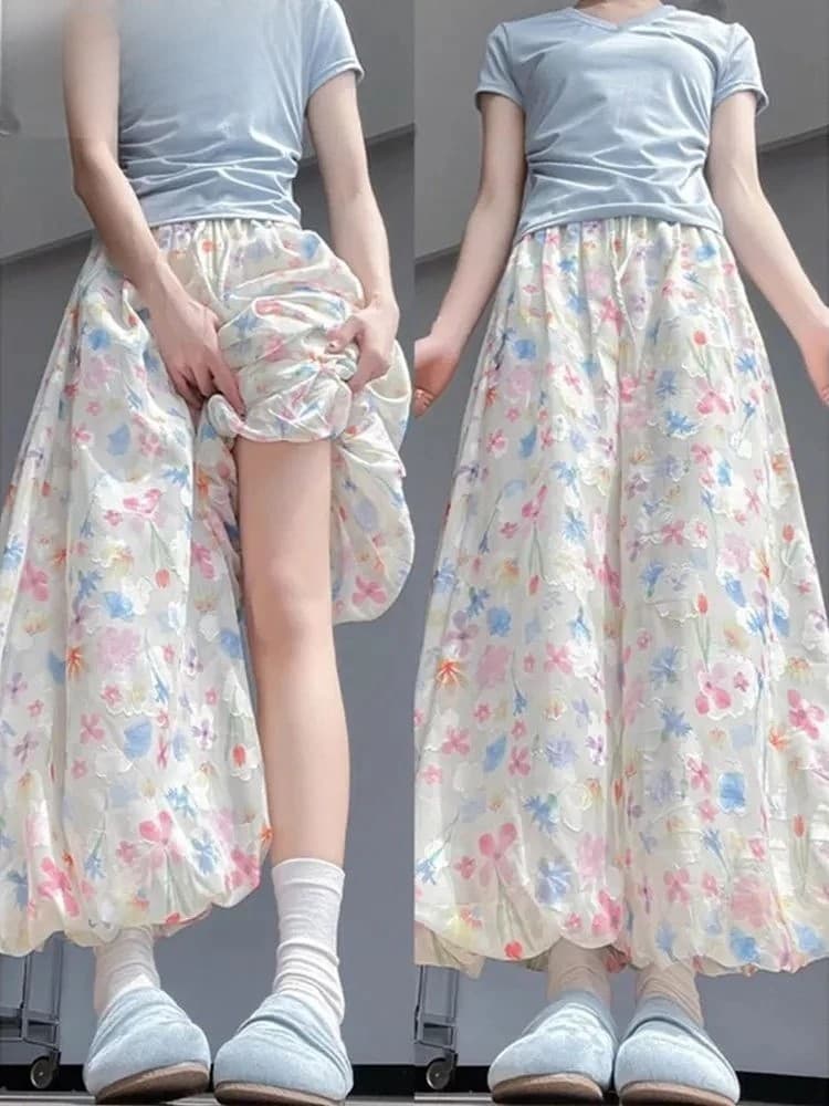 floral bud skirt pants for women 여름 슬림해 보이는 꽃무늬 꽃밭 넓은 다리 치마바지 여성 이미지 3