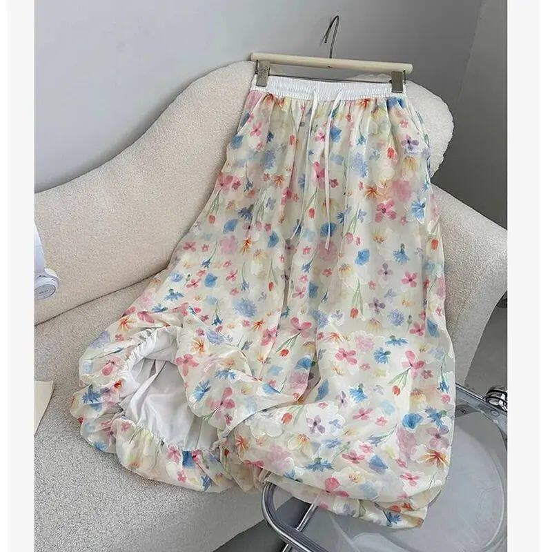 floral bud skirt pants for women 여름 슬림해 보이는 꽃무늬 꽃밭 넓은 다리 치마바지 여성 상세 이미지 1