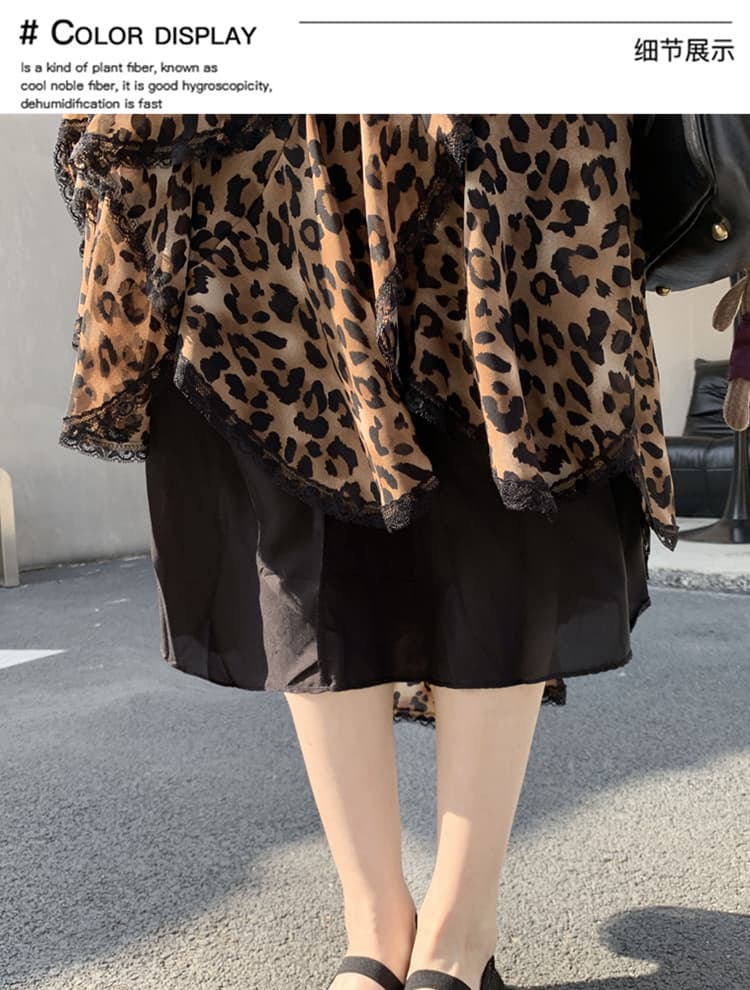 쉬폰 프랑스식 불규칙 프릴 레오파드 무늬 반신 스커트 여성 봄 가을 레트로 레이스 비대칭 큰 진자 A라인 스커트 상세 이미지 3