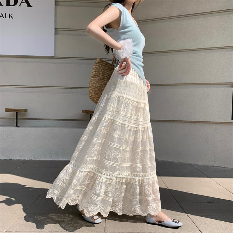 실사 무거운 작업 프랑스식 레이스 조각 반신 롱 스커트 2026 봄 여름 새로운 요정 무거운 작업 자수 케이크 드레스 여성 상세 이미지 10