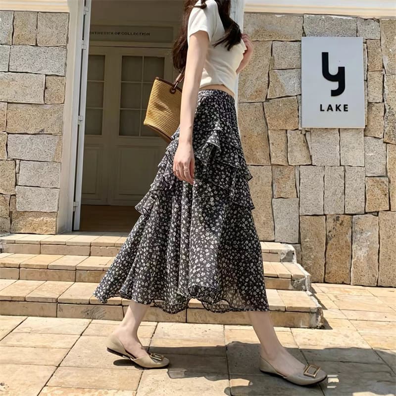 실사 2026 불규칙 프릴 꽃무늬 반신 스커트 한 부서 품격 부드러운 휴가 바람 연령 감소 패션 치마 상세 이미지 38