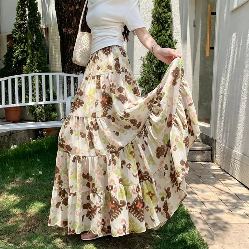 실사 2026 여름 민족 스타일 쉬폰 반신 스커트 플리츠 빅 플레어 스커트 슬림해 보이는 해변 휴가 치마 보헤미안 치마 이미지 4