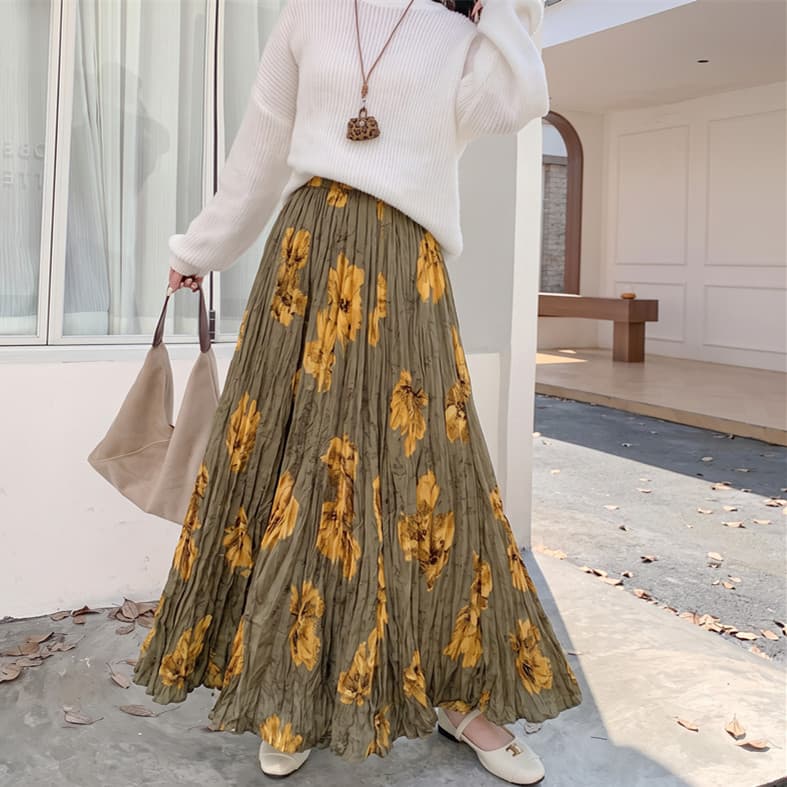 실사 2026 가을 겨울 주머니 섹션 한국 스타일 패션 주름 롱 스커트 루즈핏 슬림해 보이는 꽃 색상 반신 스커트 빅 플레어 스커트 이미지 3